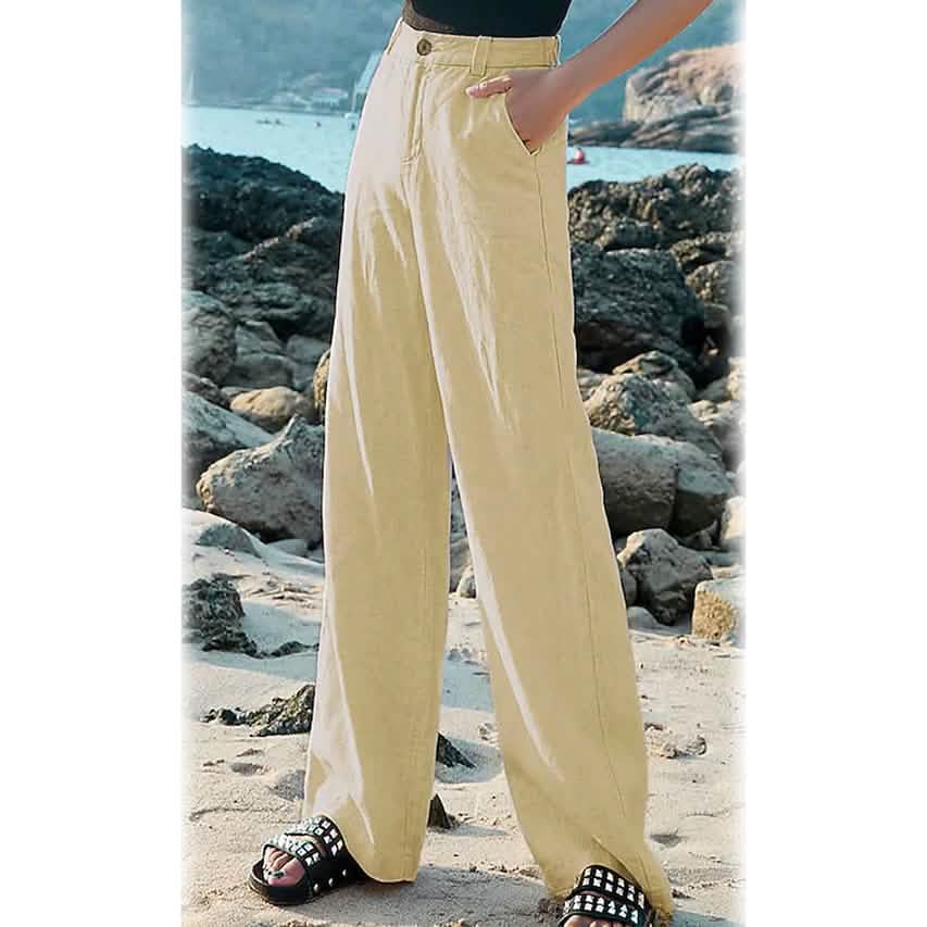 Women's Basic Soft Straight Twill Pants Beige Women's Bottoms - Tophatter Daily Deals