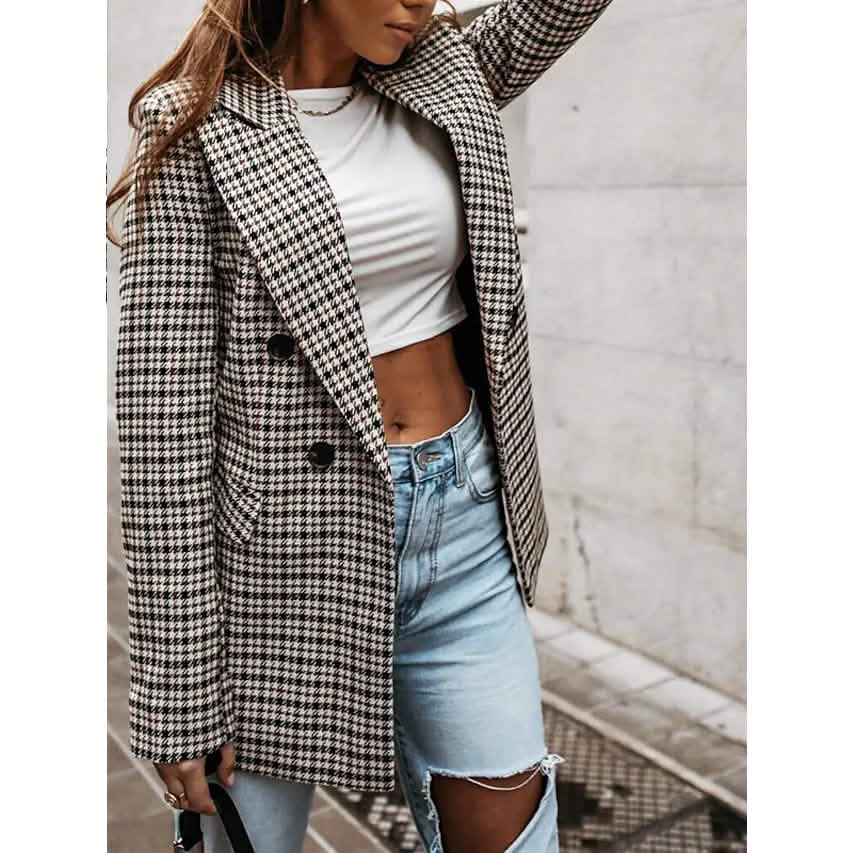 Women's Blazer Casual Jacket Long Sleeve Plaid Check Quilted Women's Outerwear - Tophatter Daily Deals