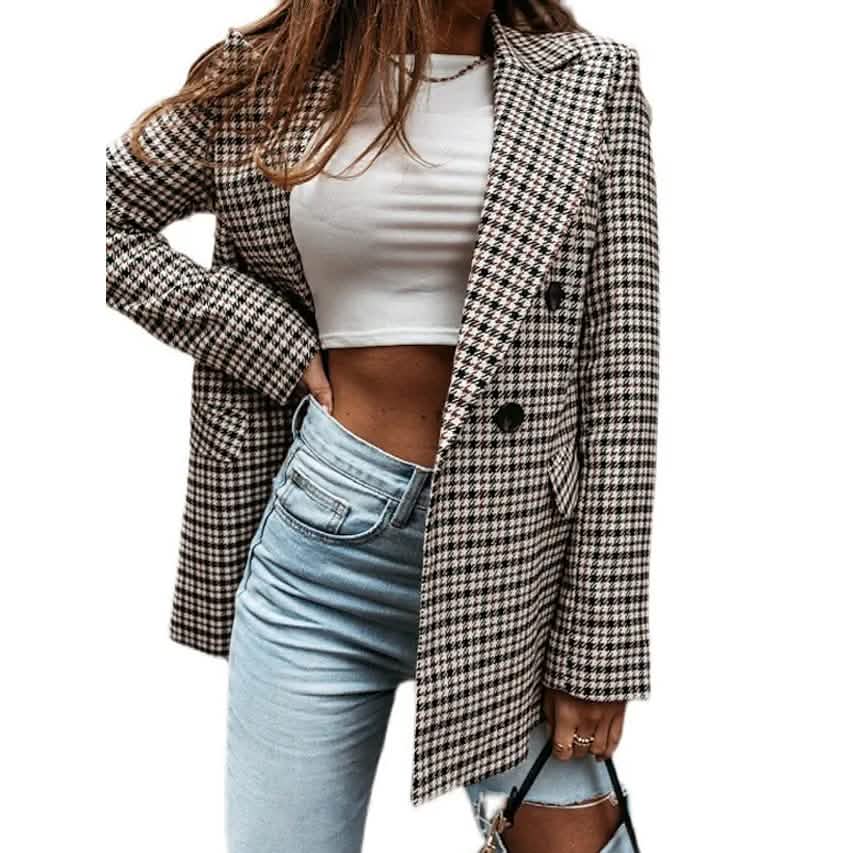 Women's Blazer Casual Jacket Long Sleeve Plaid Check Quilted XXL Women's Outerwear - Tophatter Daily Deals