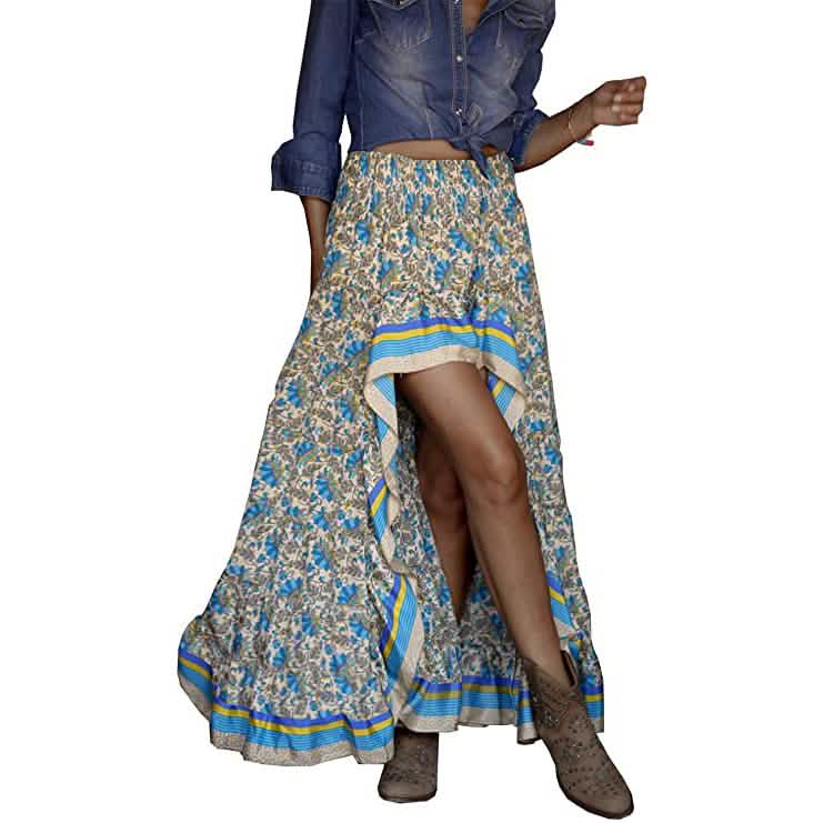 Women's Boho Floral Print Long Skirt Blue Women's Bottoms - Tophatter Daily Deals