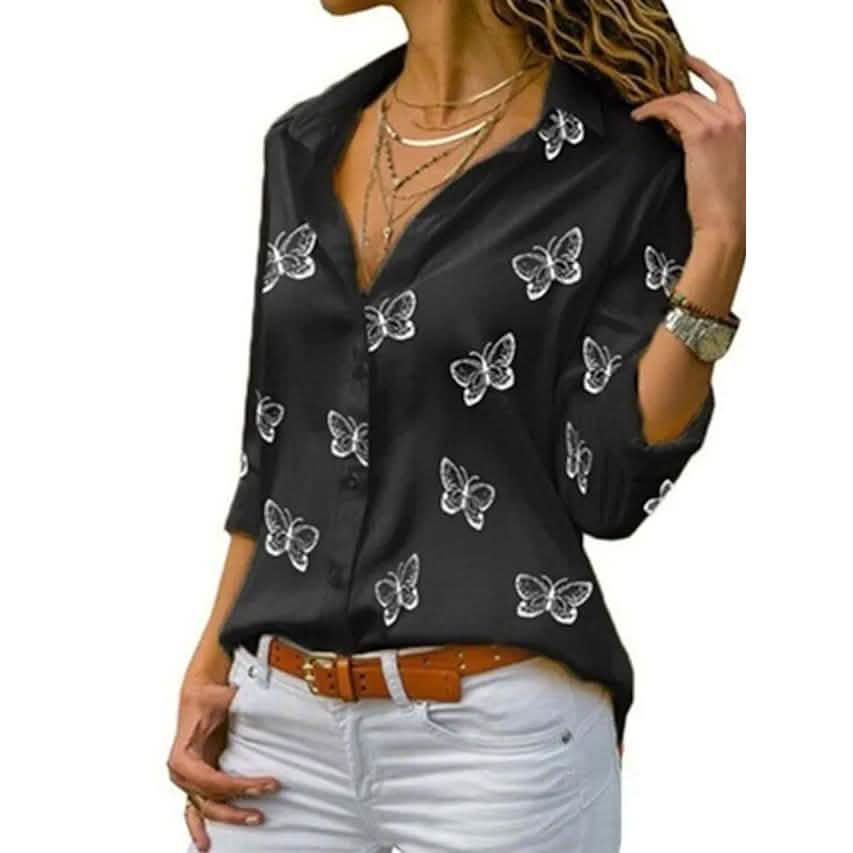 Women's Butterfly Long Sleeve Print Shirt Collar Basic Tops Black Women's Tops - Tophatter Daily Deals