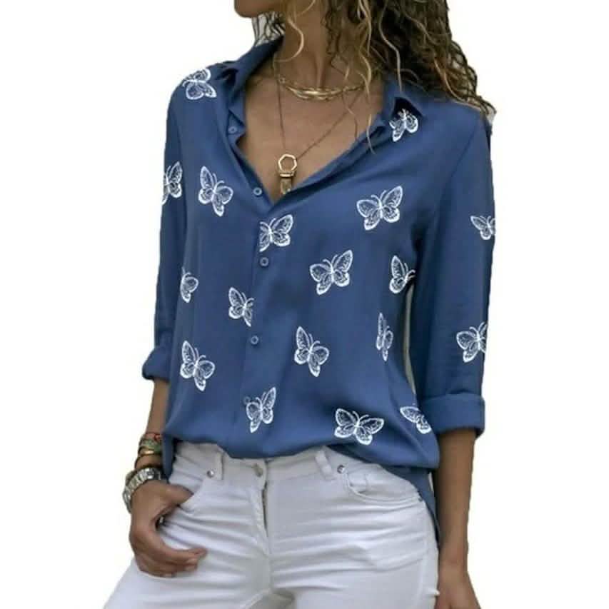 Women's Butterfly Long Sleeve Print Shirt Collar Basic Tops Blue Women's Tops - Tophatter Daily Deals