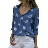 Women's Butterfly Long Sleeve Print Shirt Collar Basic Tops Blue Women's Tops - Tophatter Daily Deals