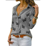 Women's Butterfly Long Sleeve Print Shirt Collar Basic Tops Gray Women's Tops - Tophatter Daily Deals