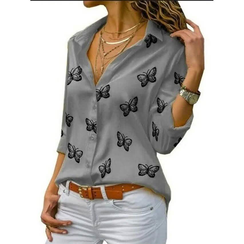 Women's Butterfly Long Sleeve Print Shirt Collar Basic Tops Gray Women's Tops - Tophatter Daily Deals