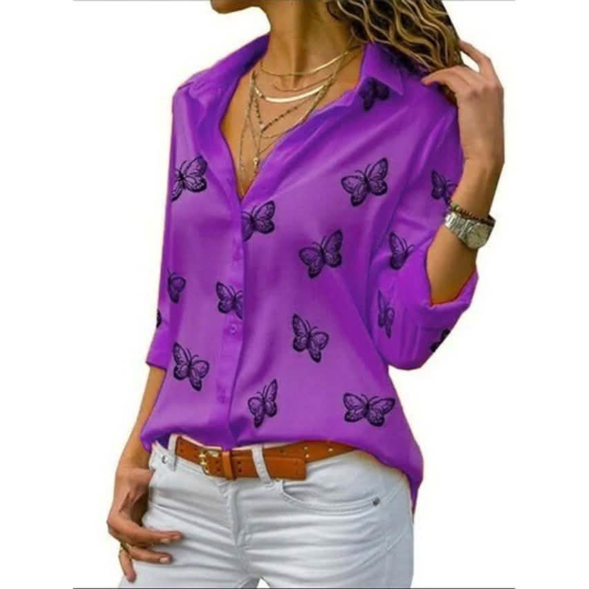 Women's Butterfly Long Sleeve Print Shirt Collar Basic Tops Purple Women's Tops - Tophatter Daily Deals