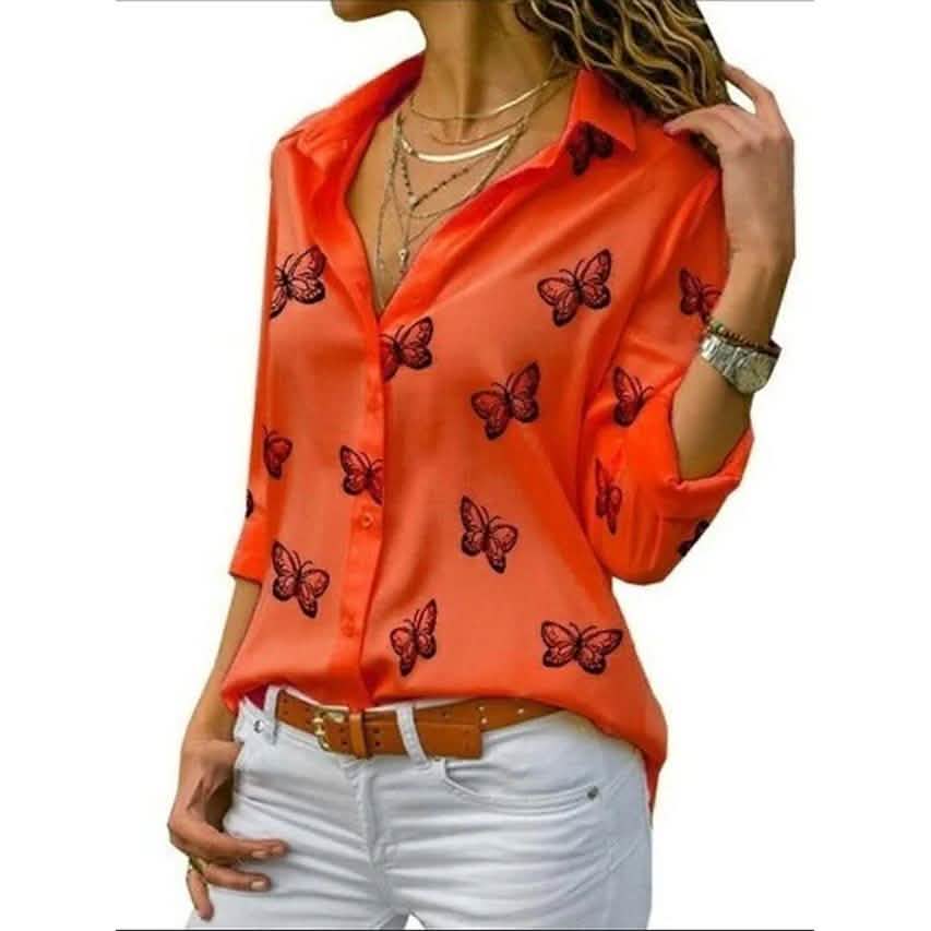 Women's Butterfly Long Sleeve Print Shirt Collar Basic Tops Red Women's Tops - Tophatter Daily Deals