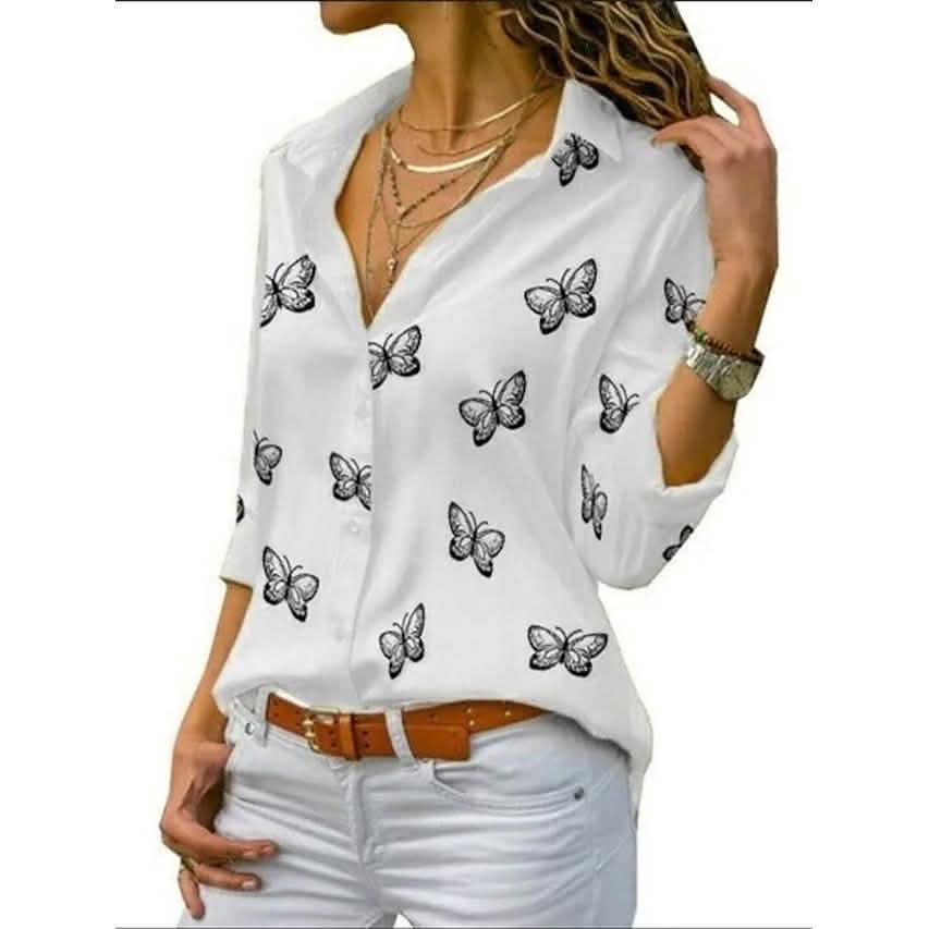 Women's Butterfly Long Sleeve Print Shirt Collar Basic Tops White Women's Tops - Tophatter Daily Deals
