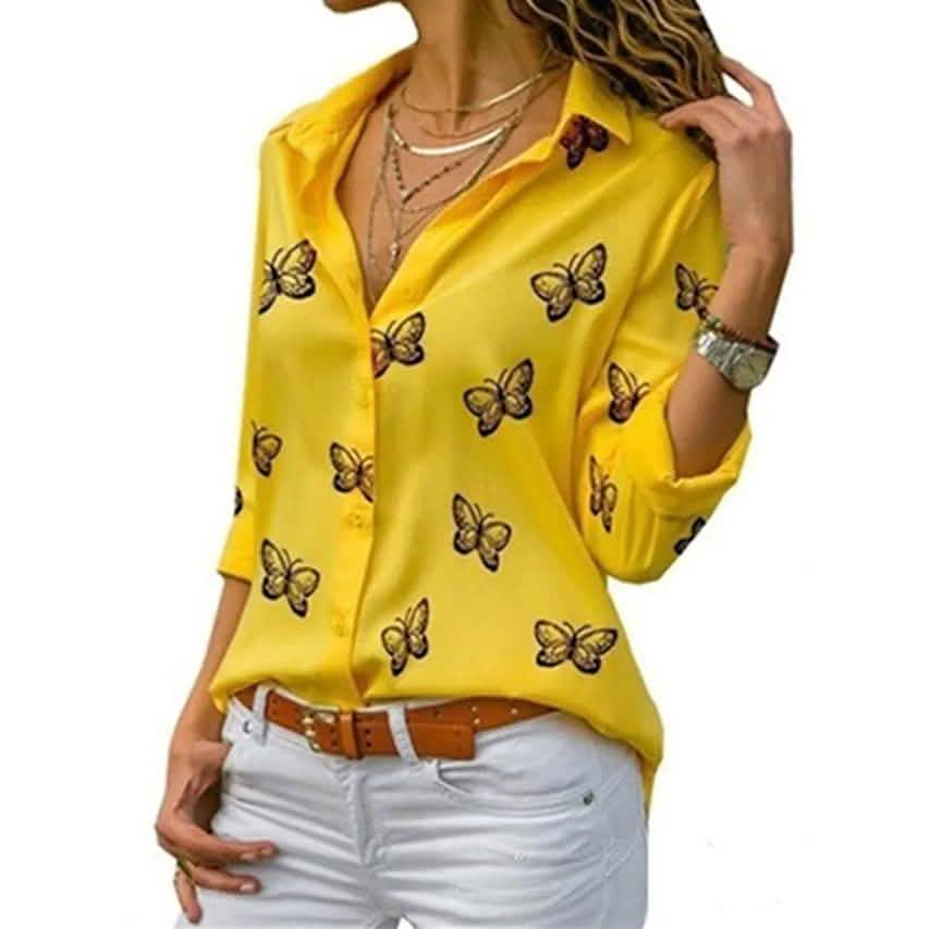 Women's Butterfly Long Sleeve Print Shirt Collar Basic Tops Yellow Women's Tops - Tophatter Daily Deals