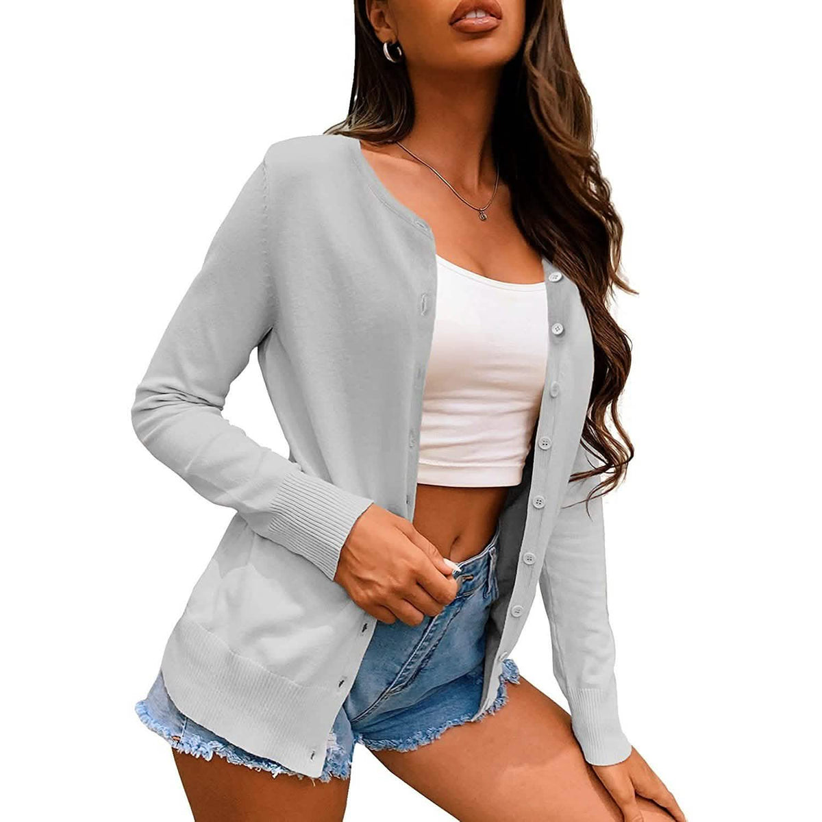 Women's Button Down Crew Neck Long Sleeve Soft Knit Cardigan Sweaters Light Gray Women's Outerwear - Tophatter Daily Deals