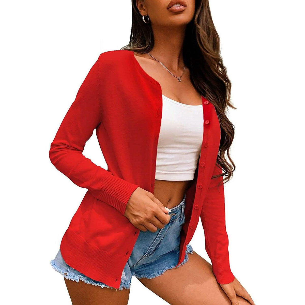 Women's Button Down Crew Neck Long Sleeve Soft Knit Cardigan Sweaters Red Women's Outerwear - Tophatter Daily Deals