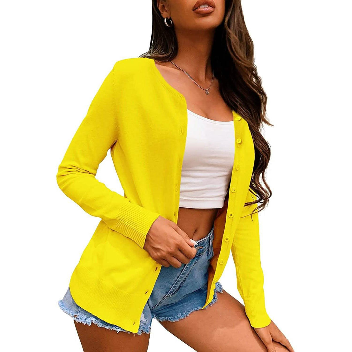 Women's Button Down Crew Neck Long Sleeve Soft Knit Cardigan Sweaters Yellow Women's Outerwear - Tophatter Daily Deals