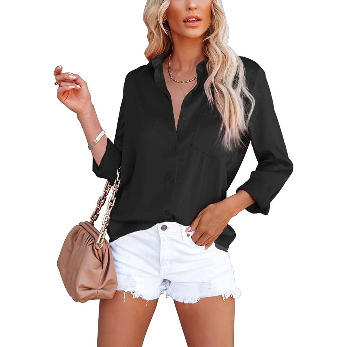 Women's Button Down Shirts Satin V Neck Long Sleeve Black Women's Tops - Tophatter Daily Deals
