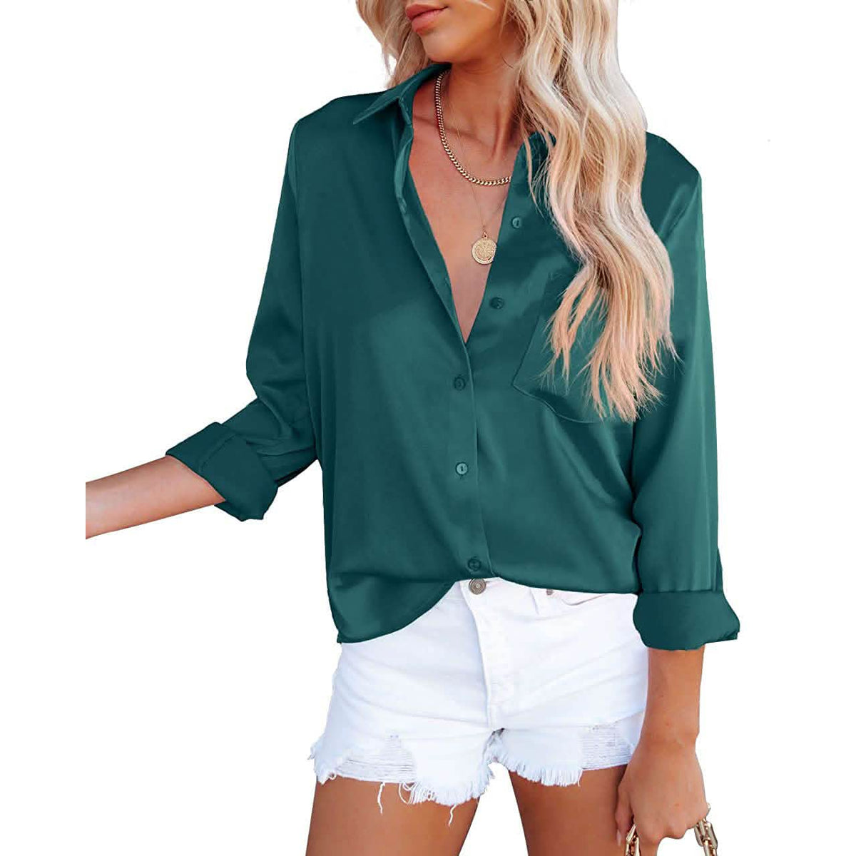 Women's Button Down Shirts Satin V Neck Long Sleeve Women's Tops - Tophatter Daily Deals
