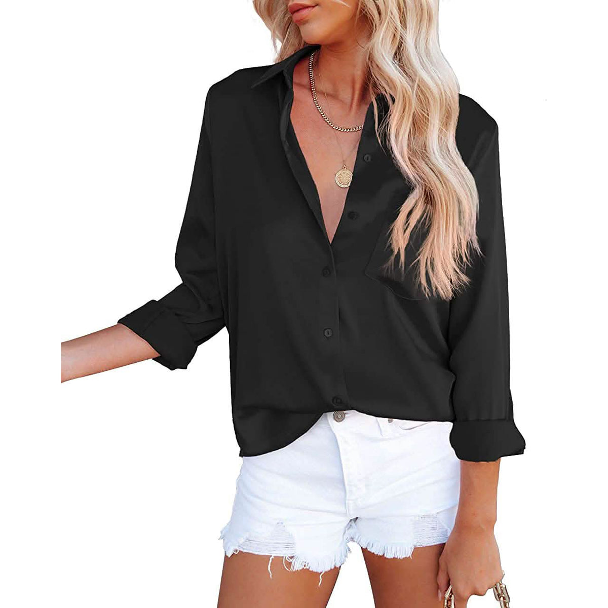 Women's Button Down Shirts Satin V Neck Long Sleeve Women's Tops - Tophatter Daily Deals