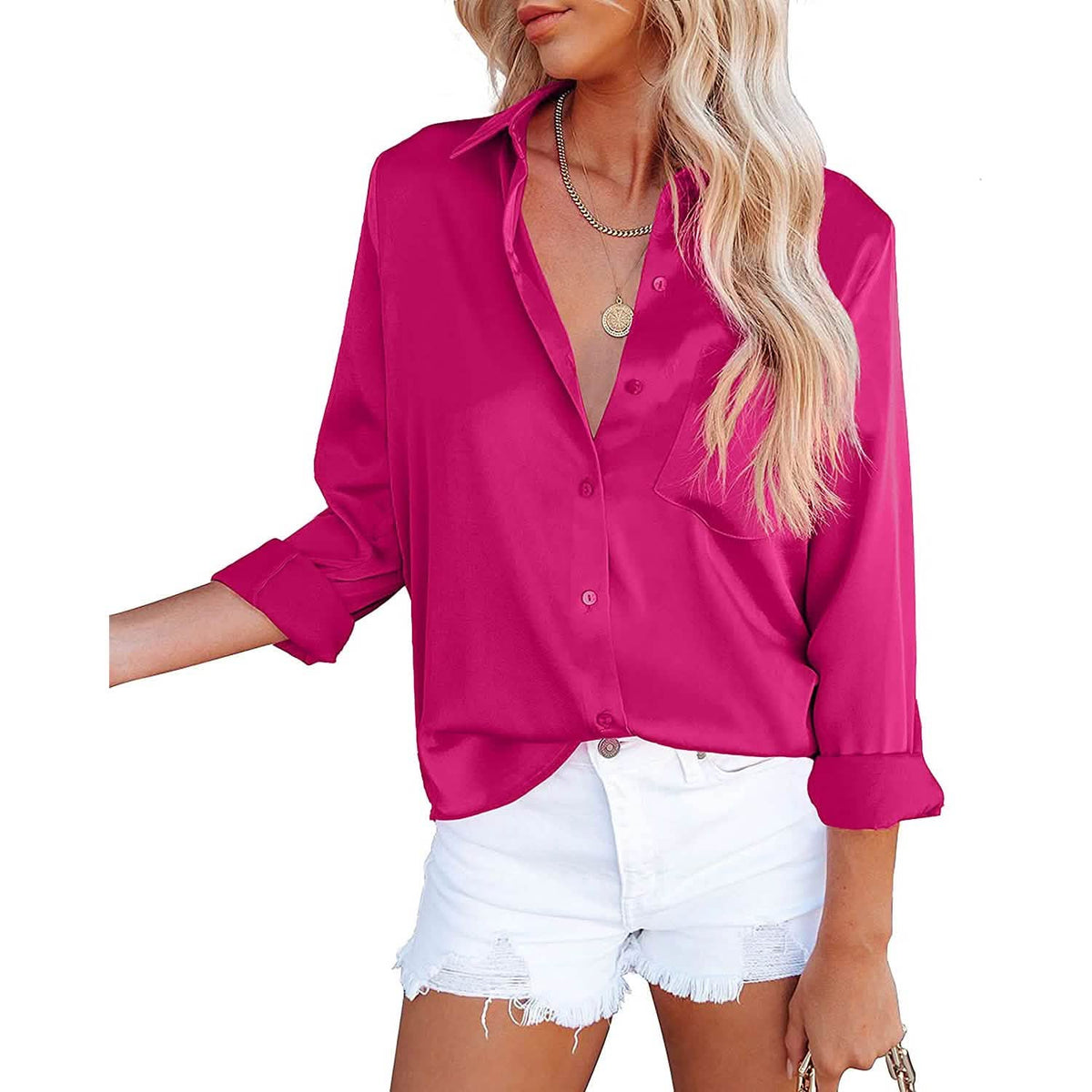 Women's Button Down Shirts Satin V Neck Long Sleeve Women's Tops - Tophatter Daily Deals