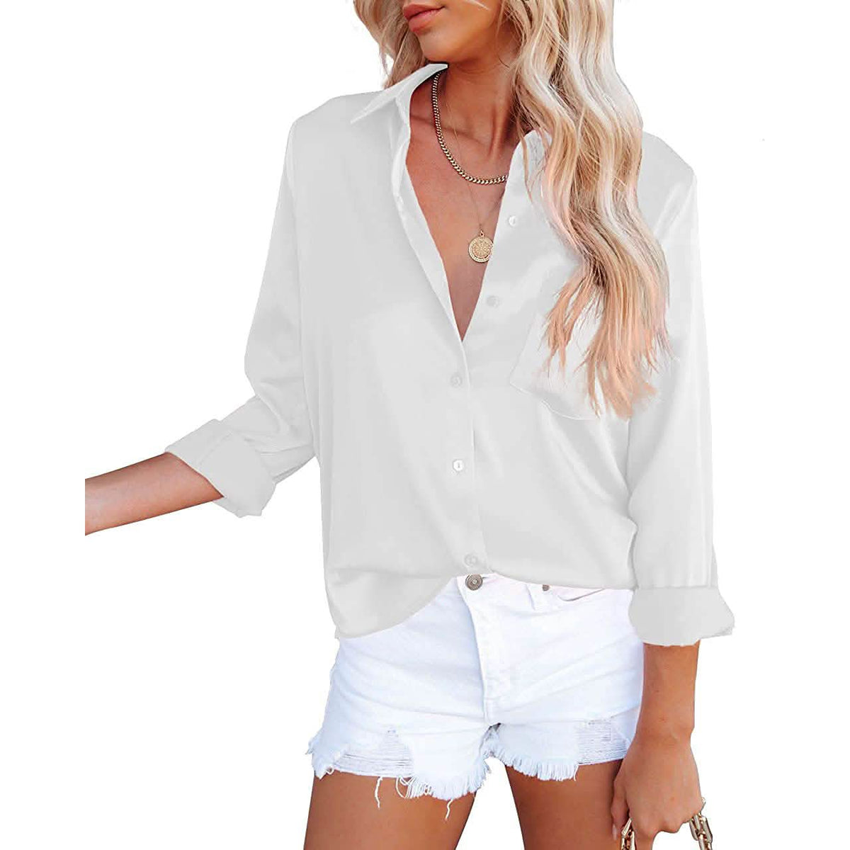 Women's Button Down Shirts Satin V Neck Long Sleeve Women's Tops - Tophatter Daily Deals