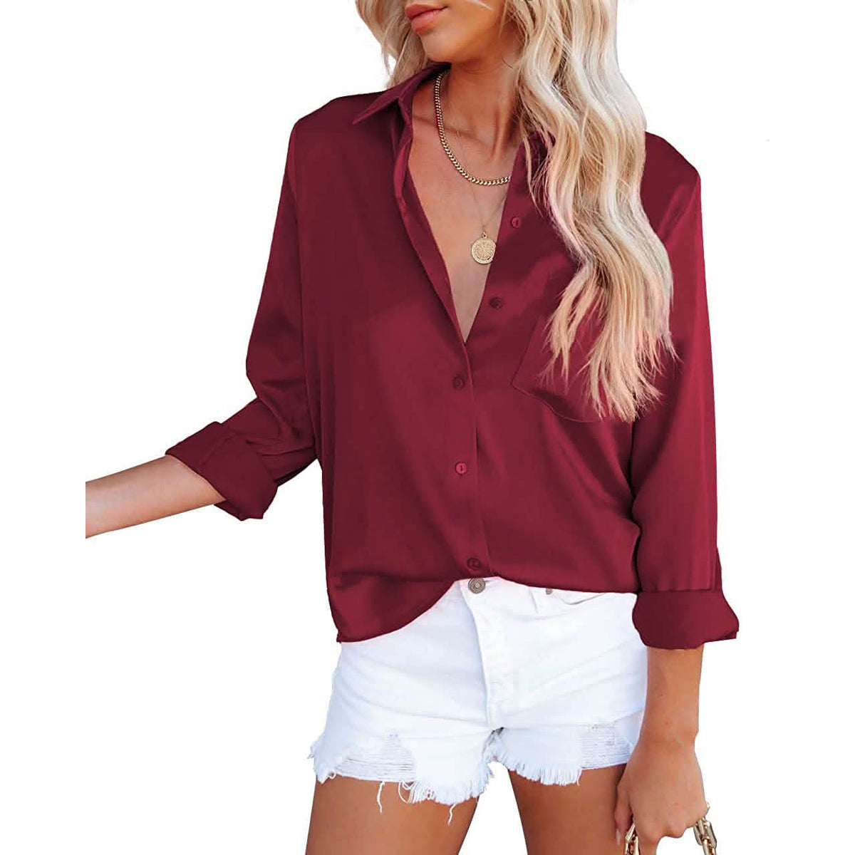 Women's Button Down Shirts Satin V Neck Long Sleeve Women's Tops - Tophatter Daily Deals