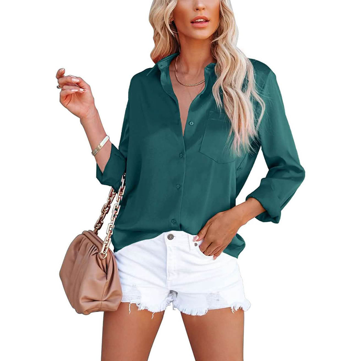 Women's Button Down Shirts Satin V Neck Long Sleeve Dark Green Women's Tops - Tophatter Daily Deals