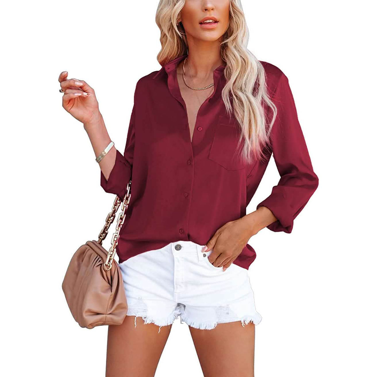 Women's Button Down Shirts Satin V Neck Long Sleeve Wine Red Women's Tops - Tophatter Daily Deals