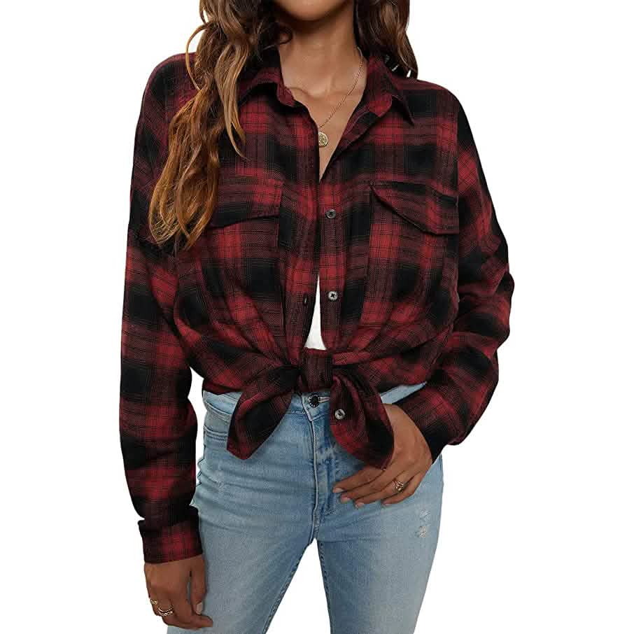Women's Button Flannel Shirt Plaid Long Sleeve Top Red Women's Tops - Tophatter Daily Deals