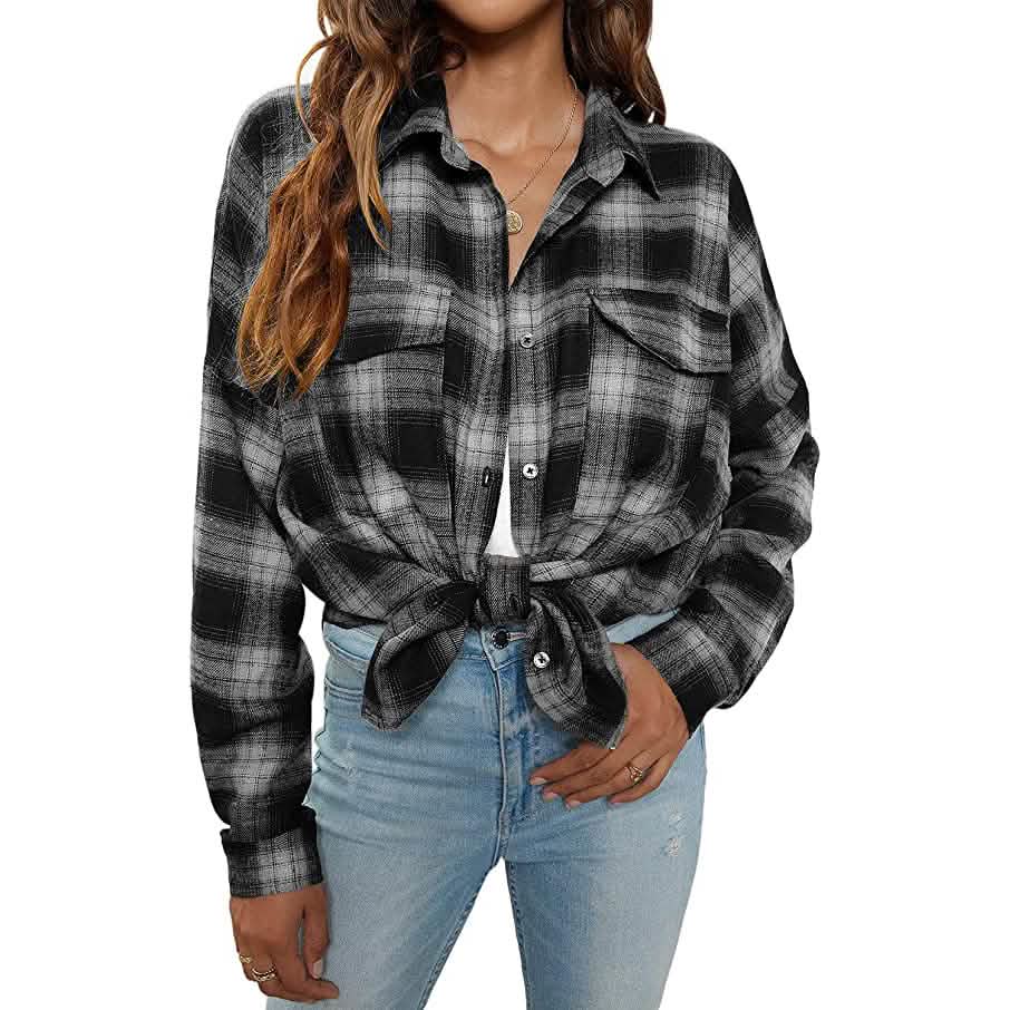 Women's Button Flannel Shirt Plaid Long Sleeve Top White Women's Tops - Tophatter Daily Deals