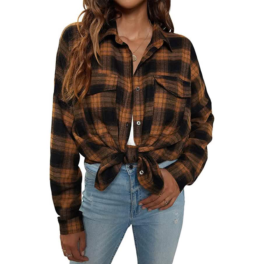 Women's Button Flannel Shirt Plaid Long Sleeve Top Yellow Women's Tops - Tophatter Daily Deals