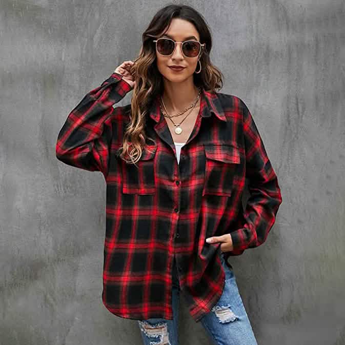 Women's Button Flannel Shirt Plaid Long Sleeve Top Women's Tops - Tophatter Daily Deals
