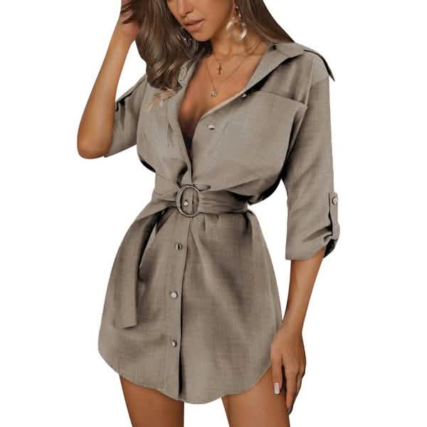 Women's Buttons Turn-Down Casual Shirt Dress Khaki Women's Dresses - Tophatter Daily Deals