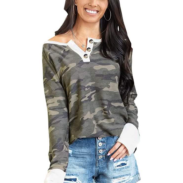 Women's Camouflage Print Casual Leopard Pullover Long Sleeve Sweatshirts Army Green Women's Tops - Tophatter Daily Deals