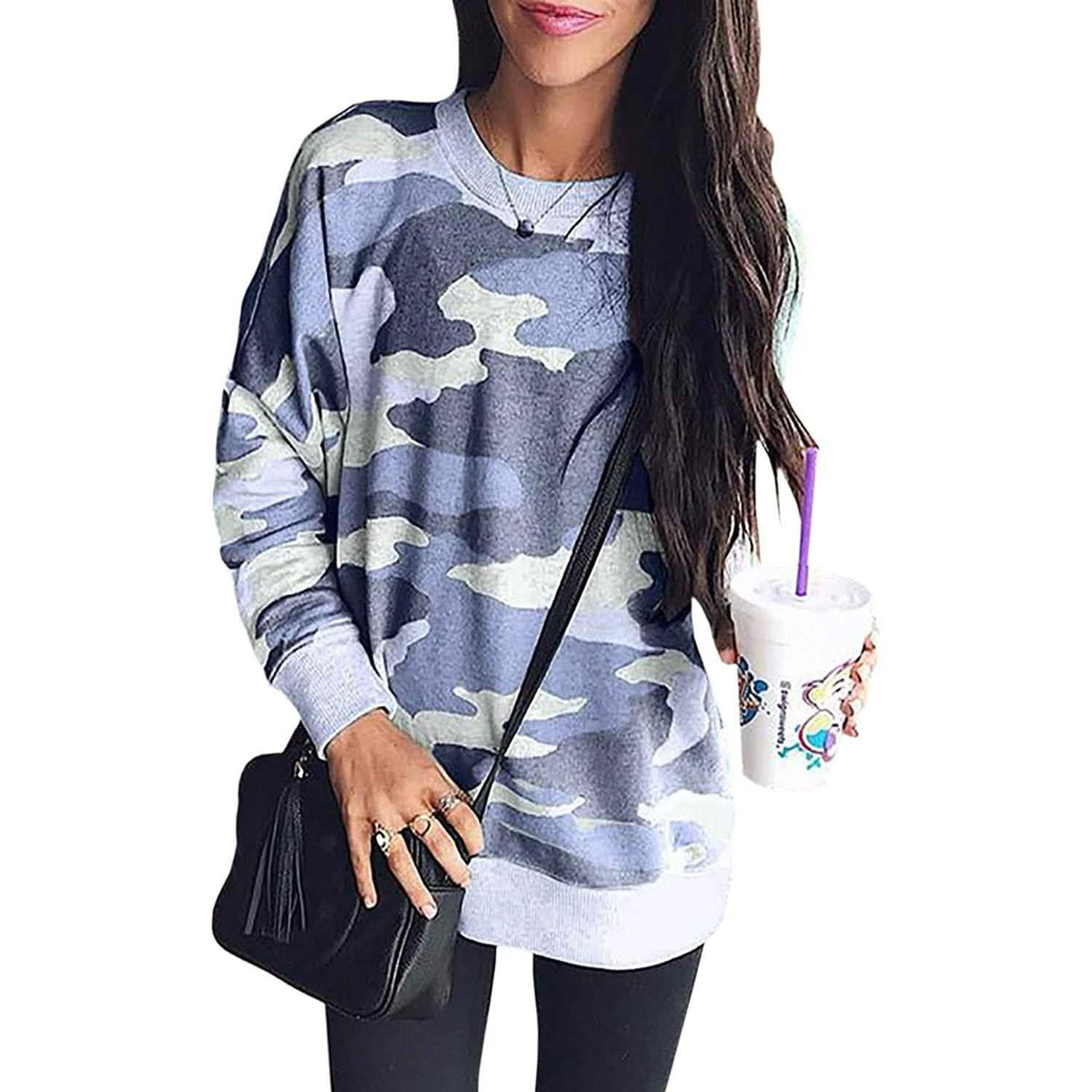Women's Camouflage Print Casual Leopard Pullover Long Sleeve Sweatshirts Blue Women's Tops - Tophatter Daily Deals