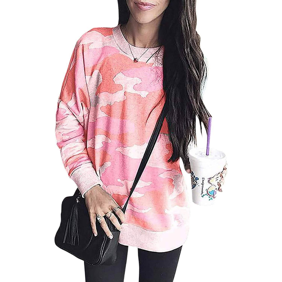 Women's Camouflage Print Casual Leopard Pullover Long Sleeve Sweatshirts Coral Women's Tops - Tophatter Daily Deals