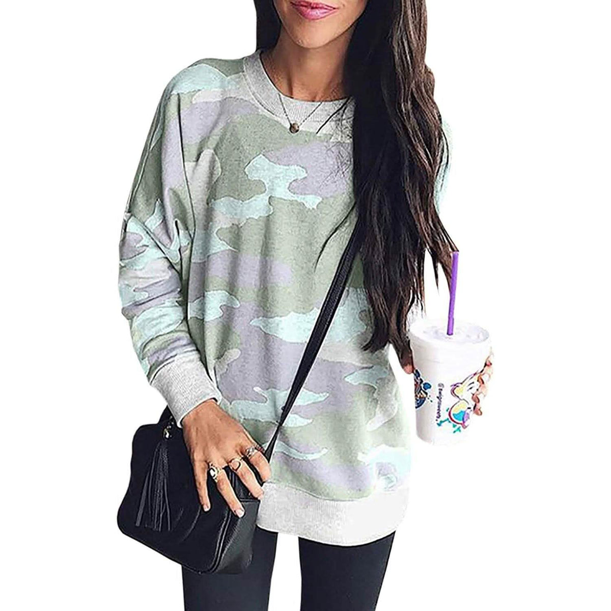 Women's Camouflage Print Casual Leopard Pullover Long Sleeve Sweatshirts Light Green Women's Tops - Tophatter Daily Deals