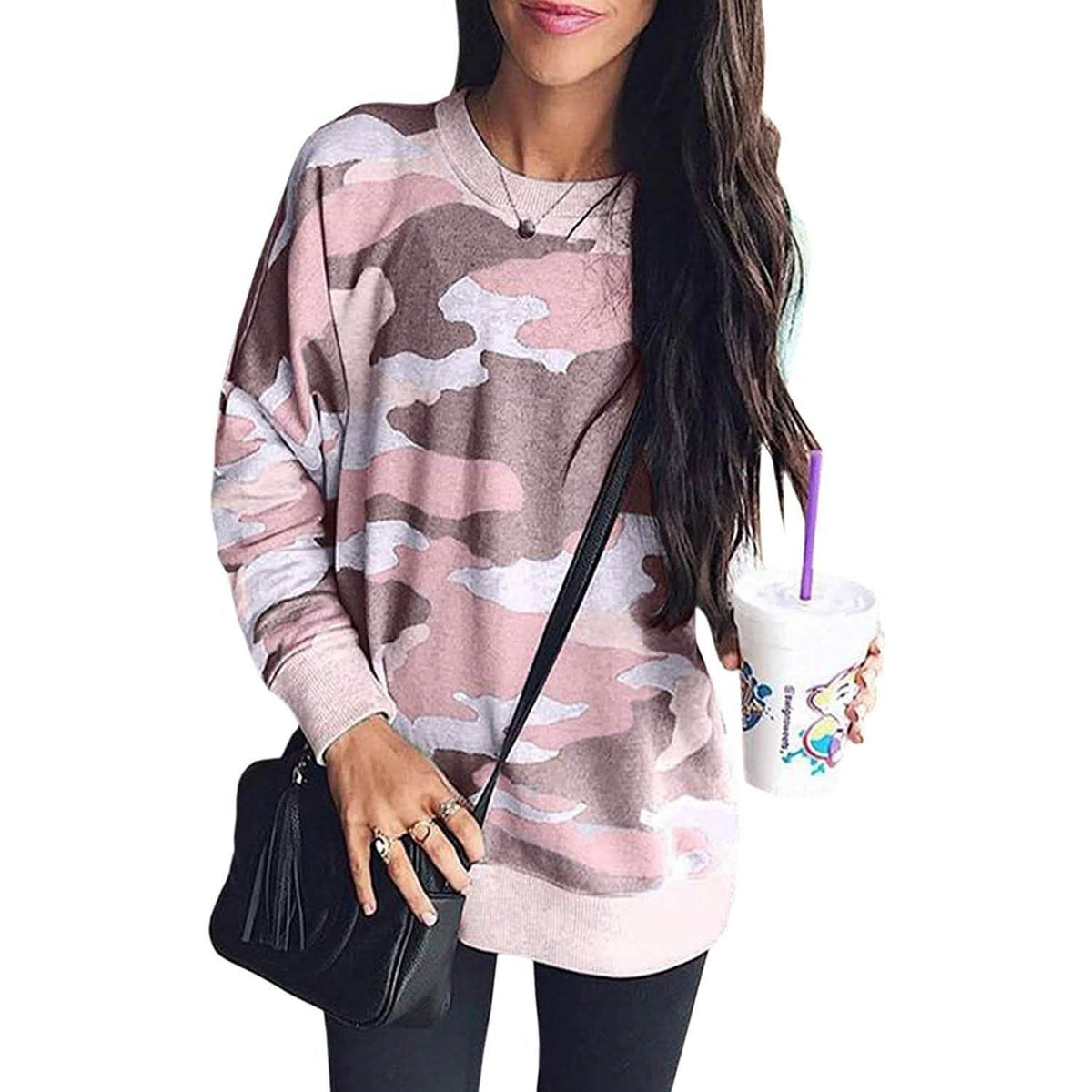 Women's Camouflage Print Casual Leopard Pullover Long Sleeve Sweatshirts Pink Women's Tops - Tophatter Daily Deals
