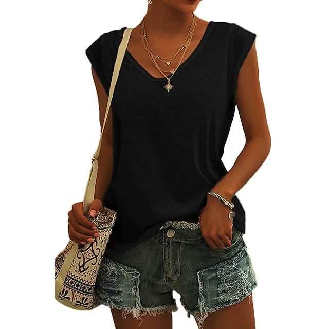 Women's Cap Sleeve T-Shirt Casual Loose Fit Tank Top Black Women's Tops - Tophatter Daily Deals