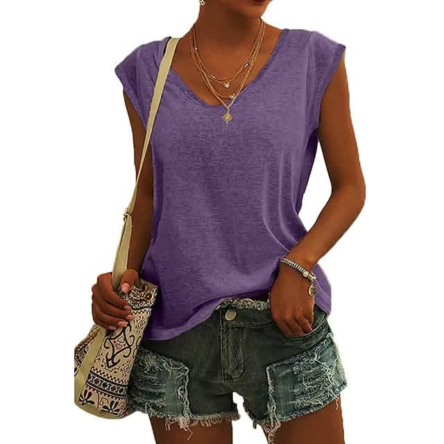 Women's Cap Sleeve T-Shirt Casual Loose Fit Tank Top Purple Women's Tops - Tophatter Daily Deals
