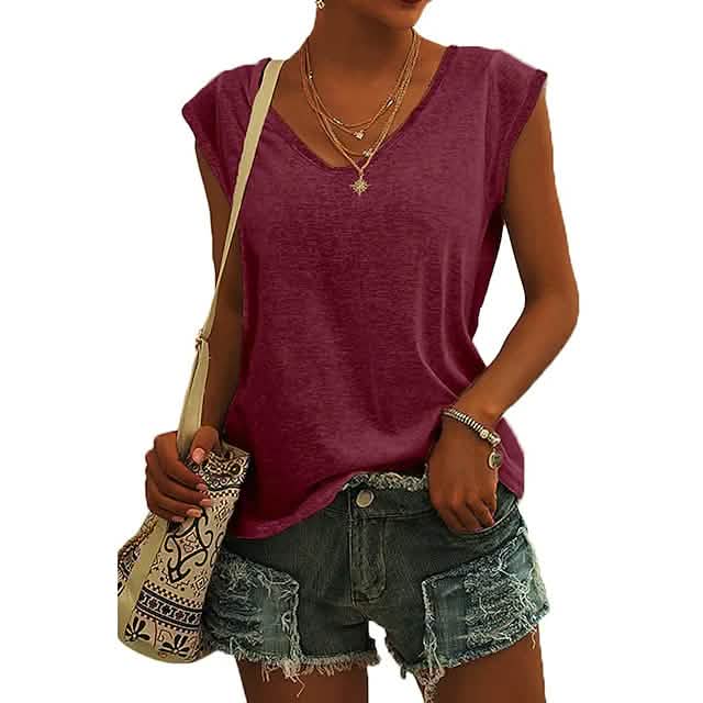 Women's Cap Sleeve T-Shirt Casual Loose Fit Tank Top Wine Red Women's Tops - Tophatter Daily Deals