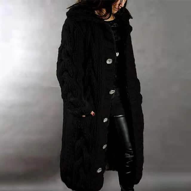 Women's Cardigan Sweater Jumper Cable Chunky Knit Hooded Solid Color Open Front Black Women's Outerwear - Tophatter Daily Deals