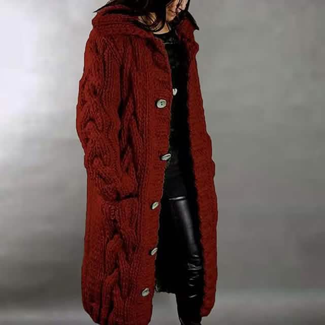 Women's Cardigan Sweater Jumper Cable Chunky Knit Hooded Solid Color Open Front Maroon Women's Outerwear - Tophatter Daily Deals