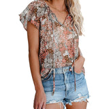 Women's Casual Boho Floral Printed V Neck Tops Drawstring Blouse Khaki Women's Tops - Tophatter Daily Deals