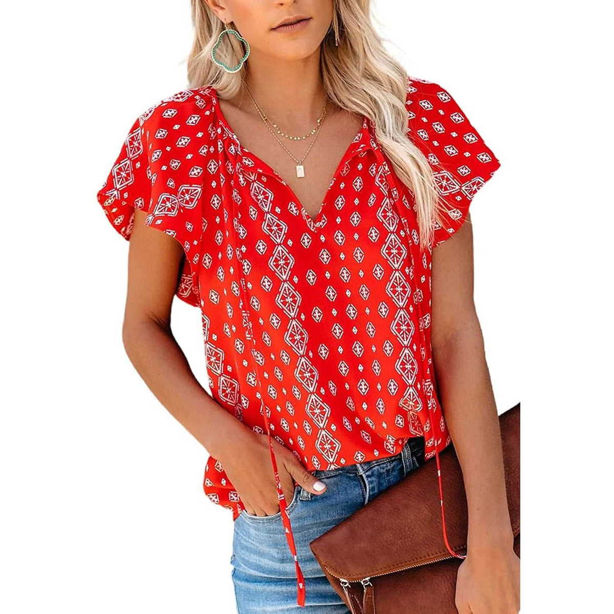 Women's Casual Boho Floral Printed V Neck Tops Drawstring Blouse Red Women's Tops - Tophatter Daily Deals