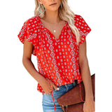Women's Casual Boho Floral Printed V Neck Tops Drawstring Blouse Red Women's Tops - Tophatter Daily Deals