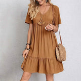 Women's Casual Dress Ruffle V Neck Midi Shift Dress Brown Women's Dresses - Tophatter Daily Deals