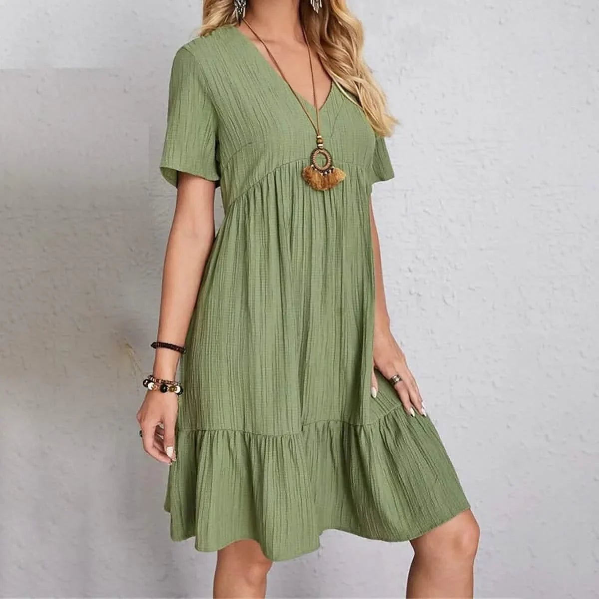 Women's Casual Dress Ruffle V Neck Midi Shift Dress Green Women's Dresses - Tophatter Daily Deals