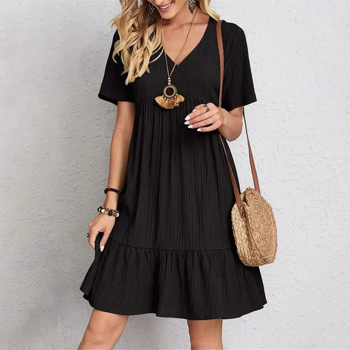 Women's Casual Dress Ruffle V Neck Midi Shift Dress Women's Dresses - Tophatter Daily Deals