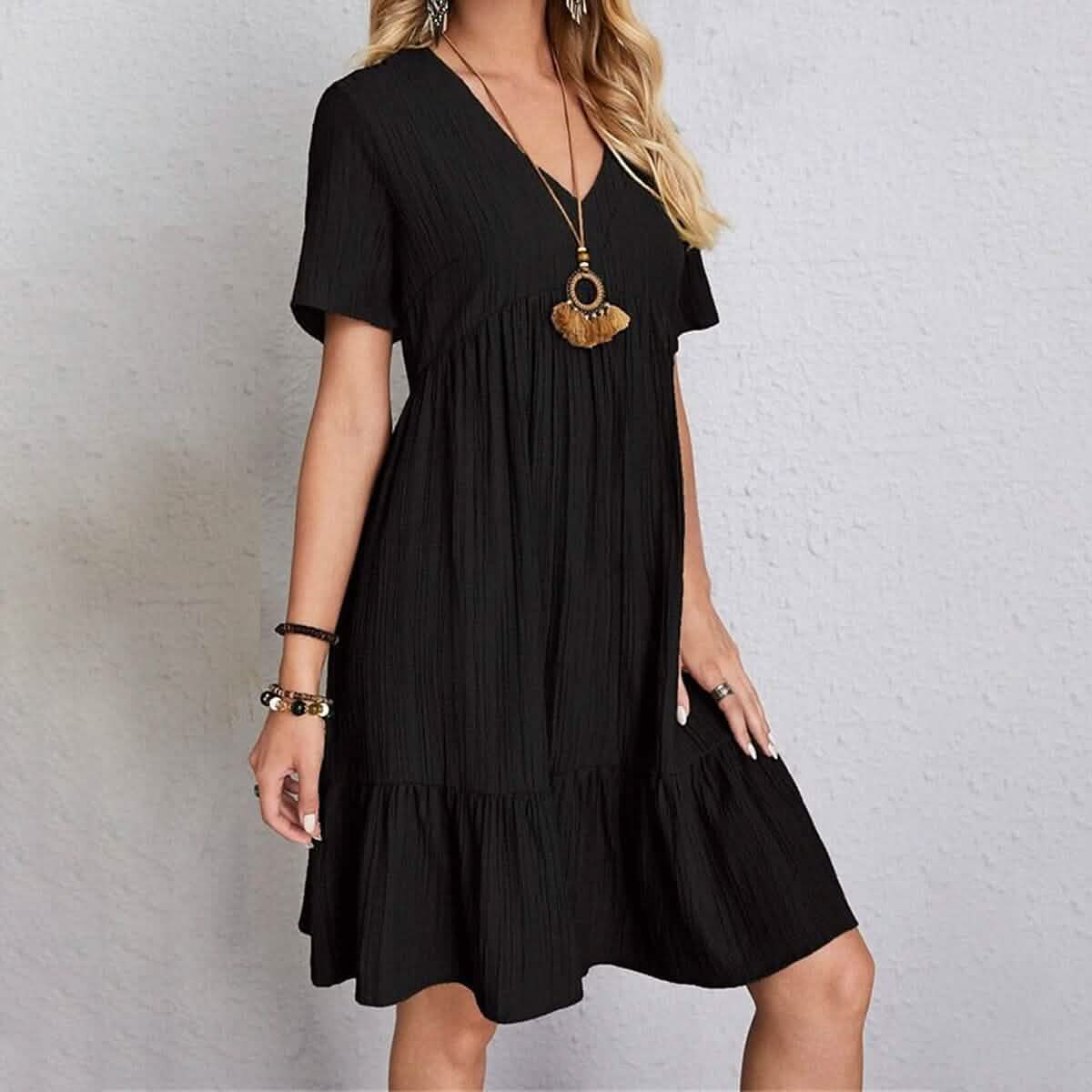 Women's Casual Dress Ruffle V Neck Midi Shift Dress Black Women's Dresses - Tophatter Daily Deals