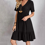 Women's Casual Dress Ruffle V Neck Midi Shift Dress Women's Dresses - Tophatter Daily Deals