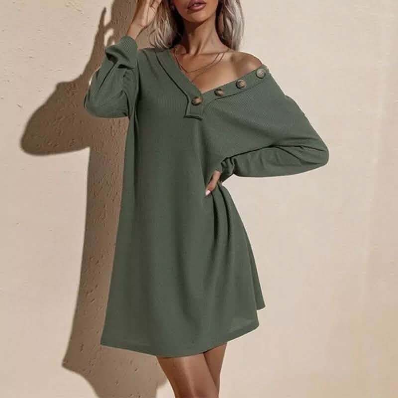 Women's Casual Dresses V-Neck Buttoned Hip Knitted Dresses Army Green Women's Dresses - Tophatter Daily Deals