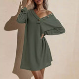 Women's Casual Dresses V-Neck Buttoned Hip Knitted Dresses Army Green Women's Dresses - Tophatter Daily Deals