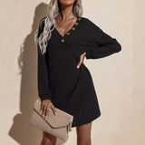 Women's Casual Dresses V-Neck Buttoned Hip Knitted Dresses Black Women's Dresses - Tophatter Daily Deals